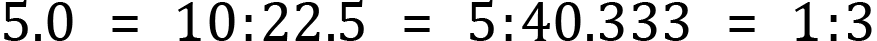 <mml:math xmlns:mml="http://www.w3.org/1998/Math/MathML" xmlns:m="http://schemas.openxmlformats.org/officeDocument/2006/math" display="block"><mml:mn>5.0</mml:mn><mml:mo>=</mml:mo><mml:mn>10</mml:mn><mml:mo>:</mml:mo><mml:mn>2</mml:mn><mml:mn>2.5</mml:mn><mml:mo>=</mml:mo><mml:mn>5</mml:mn><mml:mo>:</mml:mo><mml:mn>4</mml:mn><mml:mn>0.333</mml:mn><mml:mo>=</mml:mo><mml:mn>1</mml:mn><mml:mo>:</mml:mo><mml:mn>3</mml:mn></mml:math>