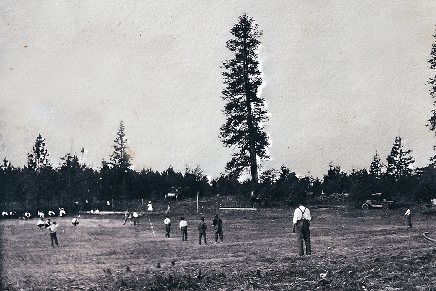 A distance shot of both Black and White men and boys playing a baseball game together. The baseball field is surrounded by trees, including particularly prominent tree that is much taller than the rest. A couple spectators and vehicles are lined around the perimeter of the field.