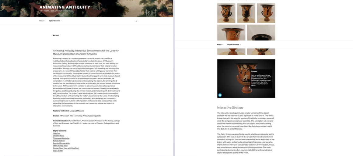 Project homepage including the project overview next to the calyx krater page depicting a gallery, interactive 3D model, and text. 