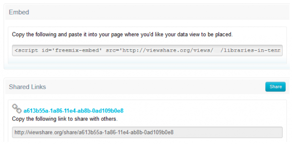 Figure 5 depicts publishing options for embedding project into another html compatible website or sharing links to Viewshare where others can interact with the project