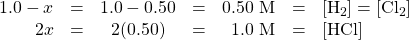 \begin{array}{rcccrcl} 1.0 - x &=& 1.0 - 0.50&=&0.50\text{ M}&=&[\ce{H2}]=[\ce{Cl2}] \\ 2x &=&2(0.50)&=&1.0\text{ M}&=&[\ce{HCl}] \end{array}