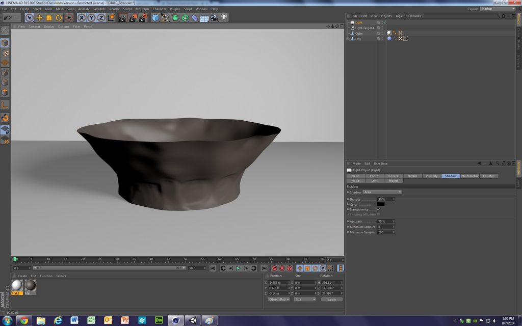 Fig. 4 – Screengrab showing the Maxon Cinema4D software program with a bowl modeled in the active window. 