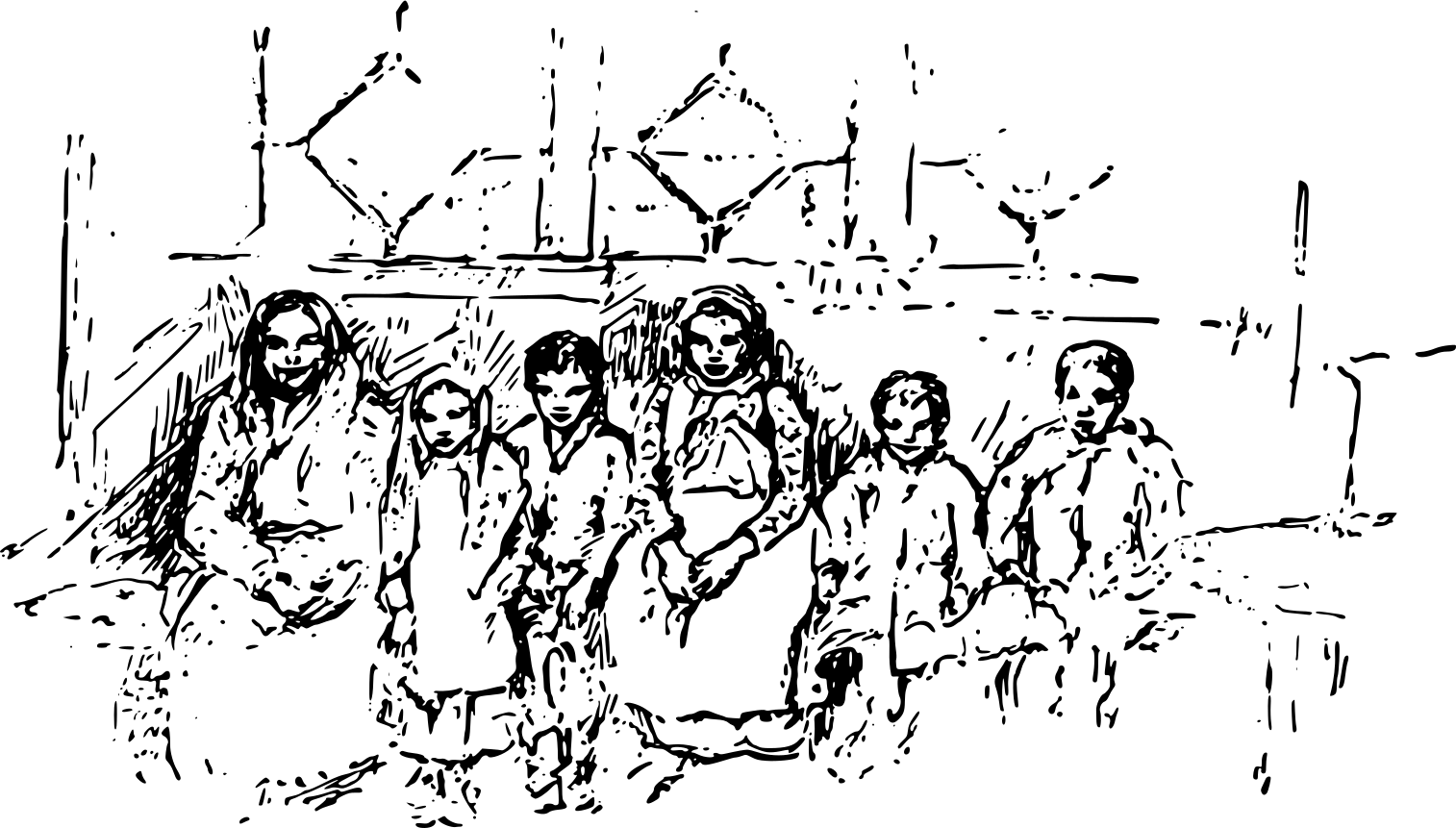 An illustration of women and children sitting in a line.