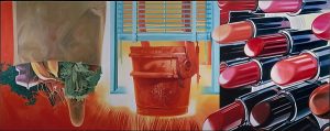 Bright collage-style painting featuring a bag of groceries, a window and lipstick