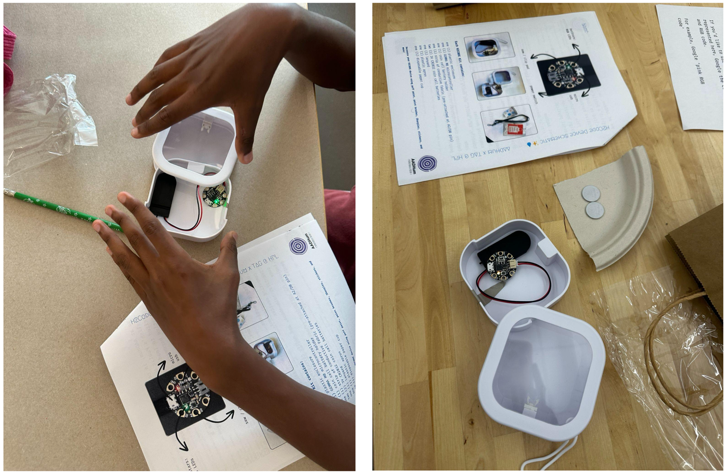 A student’s hands holding a white box with a transparent lid with a circuit, battery pack, and wires inside. An LED is lit up on the circuit. There is a printed out information sheet about the circuit resting on the table nearby.