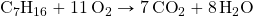 \ce{C7H16}+\ce{11O2}\rightarrow\ce{7CO2}+\ce{8H2O}