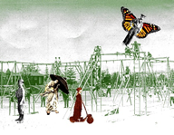 Hiawatha Playfield in Seattle in 1912 is the background for four students; one of whom has sprouted butterfly wings. 