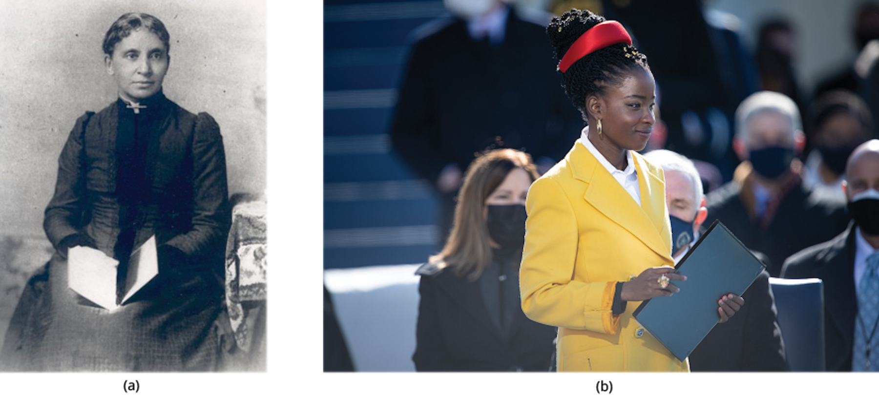 Two photos:
1. A black and white photo of Charlotte Forten Grimke, who was an abolitionist and suffragette.  
2. Color photo of Amanda Gorman at the presidential inauguration 