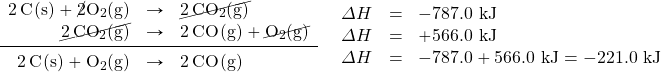 \begin{array}{ll} \begin{array}{rrl} \ce{2C(s)}+\ce{\cancel{2}O2(g)}&\rightarrow&\cancel{\ce{2CO2(g)}} \\ \cancel{\ce{2CO2(g)}}&\rightarrow&\ce{2CO(g)}+\cancel{\ce{O2(g)}} \\ \midrule \ce{2C(s)}+\ce{O2(g)}&\rightarrow&\ce{2CO(g)} \end{array} & \begin{array}{rrl} \Delta H&=&-787.0\text{ kJ} \\ \Delta H&=&+566.0\text{ kJ} \\ \Delta H&=&-787.0+566.0\text{ kJ}=-221.0\text{ kJ} \end{array} \end{array}