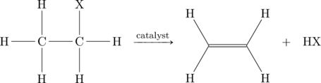 \begin{array}{ccccc} \chemfig{H-C(-[:90]H)(-[:-90]H)-C(-[:90]X)(-[:-90]H)-H}&\xrightarrow{\text{catalyst}}&\chemfig{(-[:120]H)(-[:-120]H)=(-[:60]H)(-[:-60]H)}&+&\ce{HX} \\ \end{array}