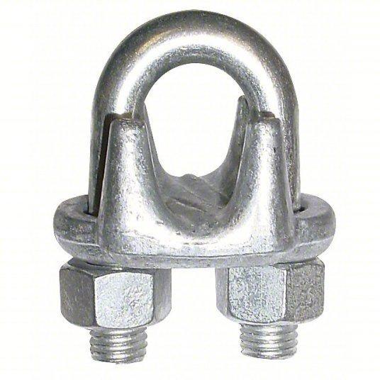 A galvanized wire rope clip, also known as a Crosby clip, with a U-bolt and twin nuts securing a saddle base for clamping wire rope.