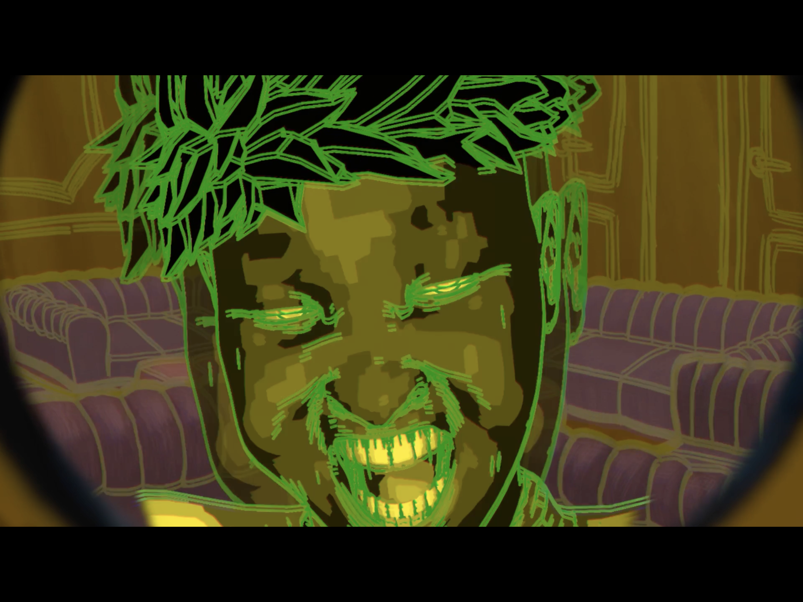 An angry, shaking girl in a darkening room, as seen through the shaking surveillance camera.