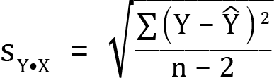 <mml:math xmlns:mml="http://www.w3.org/1998/Math/MathML" xmlns:m="http://schemas.openxmlformats.org/officeDocument/2006/math" display="block"><mml:msub><mml:mrow><mml:mi mathvariant="normal">s</mml:mi></mml:mrow><mml:mrow><mml:mi mathvariant="normal">Y</mml:mi><mml:mo>•</mml:mo><mml:mi mathvariant="normal">X</mml:mi></mml:mrow></mml:msub><mml:mo>=</mml:mo><mml:msqrt><mml:mfrac><mml:mrow><mml:mrow><mml:mo stretchy="false">∑</mml:mo><mml:mrow><mml:mo>(</mml:mo><mml:mi mathvariant="normal">Y</mml:mi><mml:mo>-</mml:mo><mml:mover accent="true"><mml:mrow><mml:mi mathvariant="normal">Y</mml:mi></mml:mrow><mml:mo>^</mml:mo></mml:mover><mml:msup><mml:mrow><mml:mo>)</mml:mo></mml:mrow><mml:mrow><mml:mn>2</mml:mn></mml:mrow></mml:msup></mml:mrow></mml:mrow></mml:mrow><mml:mrow><mml:mi mathvariant="normal">n</mml:mi><mml:mo>-</mml:mo><mml:mn>2</mml:mn></mml:mrow></mml:mfrac></mml:msqrt></mml:math>