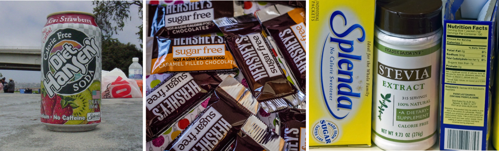 3 photos, from left to right: A Diet Hansen's soda; a pile of Hershey's sugar-free chocolate; and several examples of sweeteners, include Splenda and a stevia sweetener