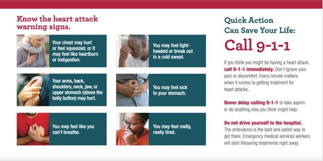 Know the heart attack warning signs.  Your chest may hurt. Your arms, back, shoulder, neck, jaw, or stomach may hurt. Shortness of breath, light headed, sick stomach, or feeling very tired. If any of these are true, call 9-1-1 immediately.  