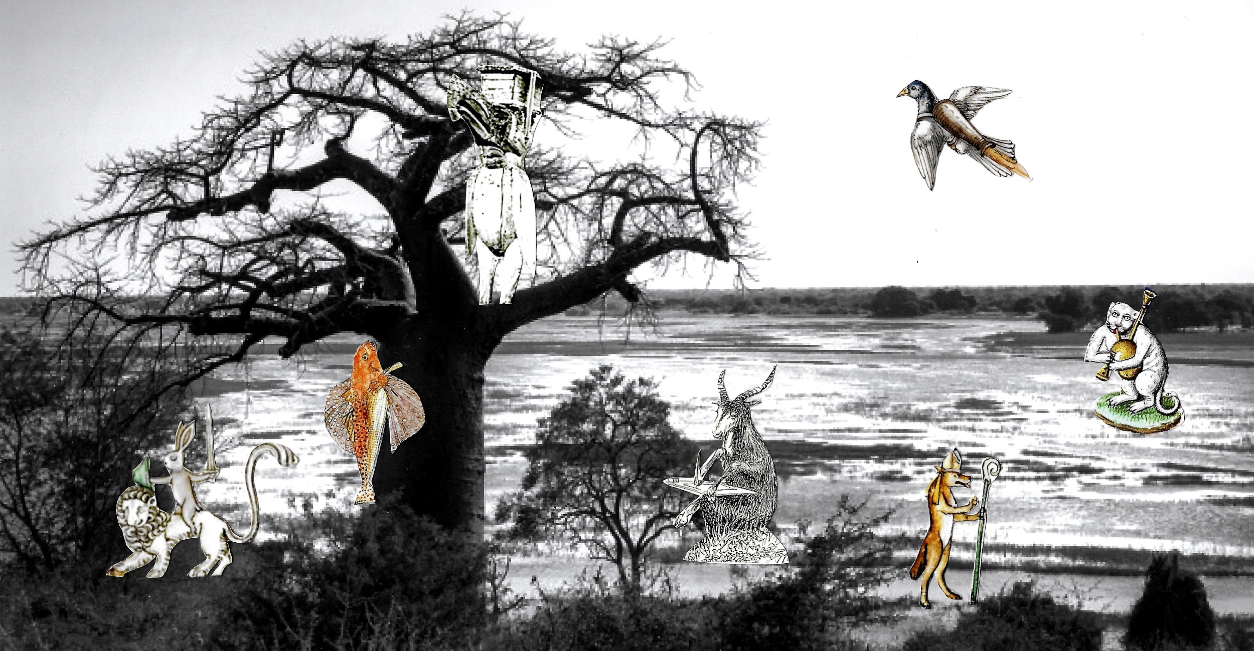 An eagle in a tree watches other animals such as a fish climbing a tree doing things that they would not naturally do. 