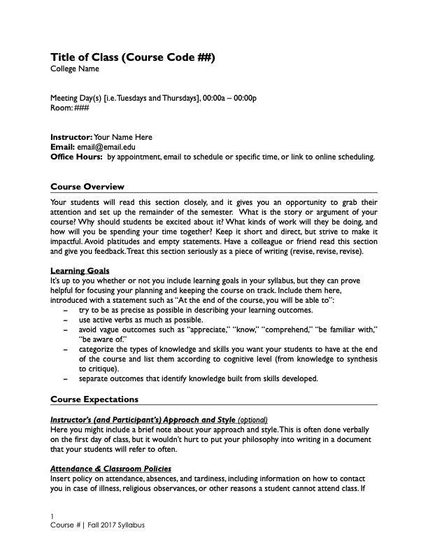 Sample Syllabus Template showing a traditional syllabus with instructor information, course overview, and course expectations. 