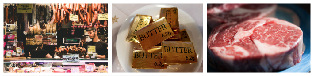 Examples of foods high in saturated fat are shown. At left is a picture of a meat market. At center is a bowl of individually wrapped cubes of butter. At right is a raw steak on a plate.