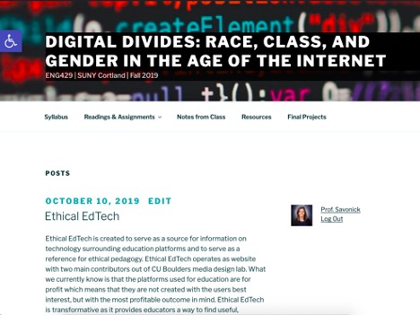 screenshot of home page for Digital Divides: Race, Class, and Gender in the Age of the Internet from 2019 with student blogs as home page