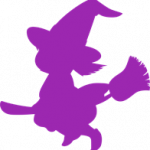The silhouette of a cartoon witch character