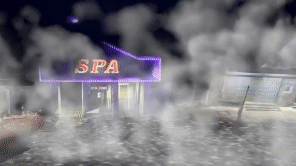 This image is a .gif file. There is some fog. A person in a long gown stands inside of a building called "SPA" as it zooms in to a video sphere inside.