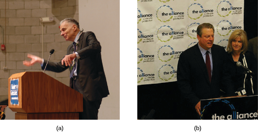 Image A is of Ralph Nader standing behind a podium. Image B is of Al Gore standing behind a podium. 