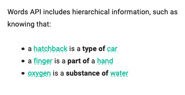 A screenshot from the 'About' section of Words API describing the hierarchical relations of certain terms, such as 'a hatchback is a type of car'.