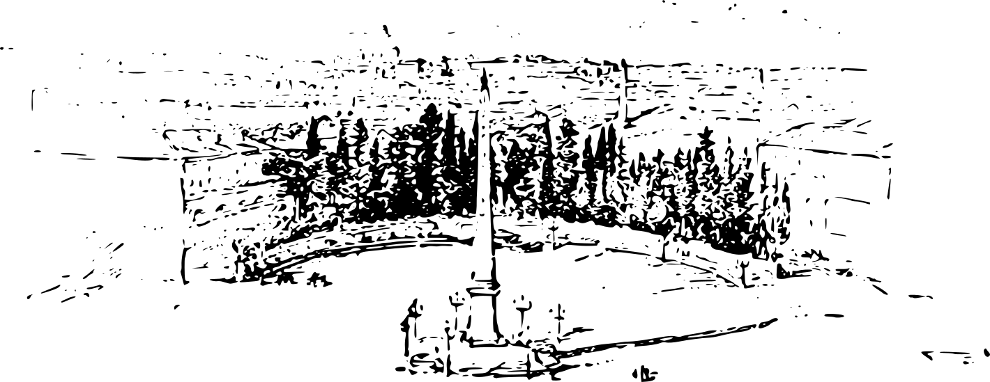 An illustration of an obelisk ringed by trees.