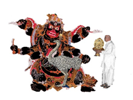 The author carries a Katina robe on a platter which he offers to Mara, a personification of evil.