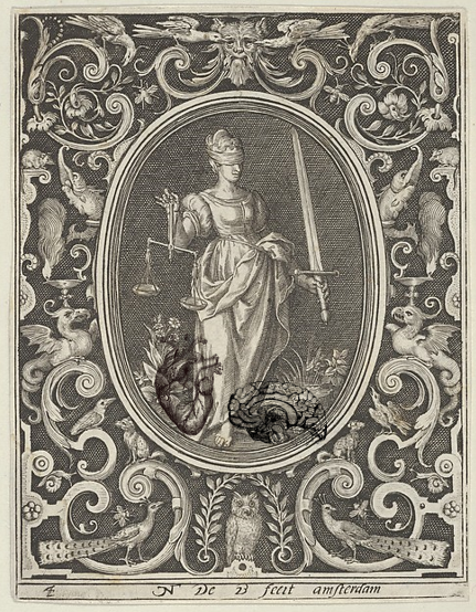 A heart and mind are at the feet of Lady Justice waiting for her to weigh them on her scale.
