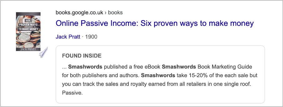 A screenshot from Google Books showing a cover image and erroneous publication date for a book called Online Passive Income