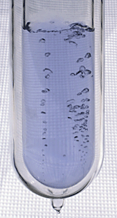 and oxygen (colorless gas bubbles in the pale blue liquid). 