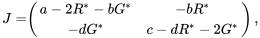 \begin{align*} J=&\left( \begin{array}{cc} a-2R^*-bG^* & -bR^* \\ -dG^* & c-dR^*-2G^* \end{array} \right), \end{align*}