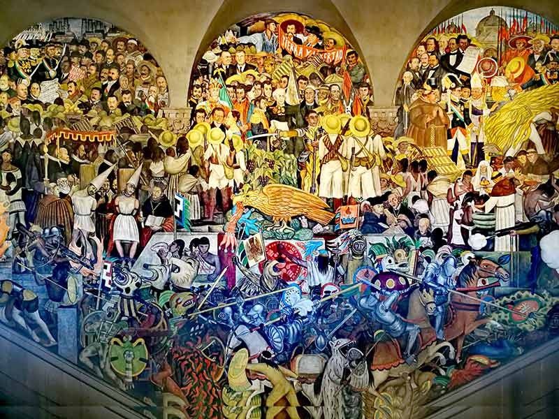 A fresco of "the history of Mexico" by Diego Rivera. 