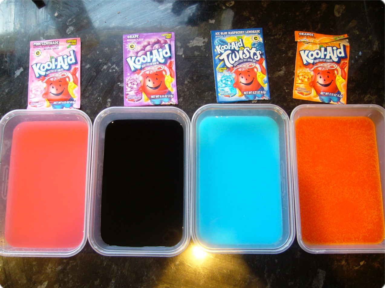 Different colors of drink mix.