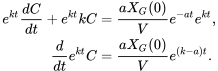 \begin{align*} e^{kt}\frac{dC}{dt}+e^{kt}kC&=\frac{aX_G(0)}{V}e^{-at}e^{kt},\\ \frac{d}{dt}e^{kt}C&=\frac{aX_G(0)}{V}e^{(k-a)t}. \end{align*}