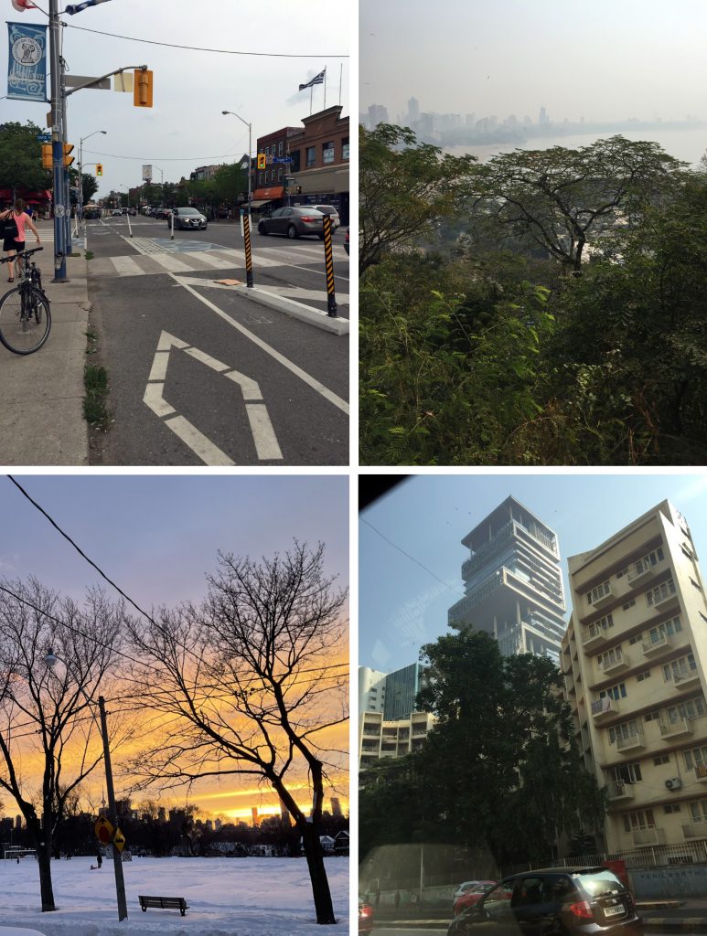 four cityscapes showing different human and non-human elements