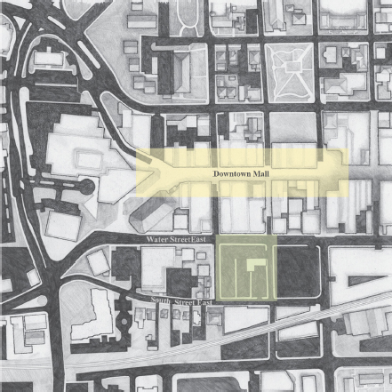 Overview map of Charlottesville city grid, showing the downtown mall’s 1 block proximity to the City Market.