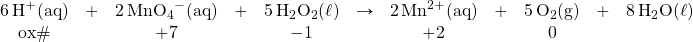 \begin{array}{crcrcrcrcrr} \ce{6 H^+(aq)}&+&\ce{2 MnO4^-(aq)}&+&\ce{5 H2O2}(\ell)&\rightarrow&\ce{2 Mn^{2+}(aq)}&+&\ce{5 O2}\text{(g)}&+&\ce{8 H2O}(\ell) \\ \text{ox}\#&&+7&&-1&&+2&&0&& \end{array}