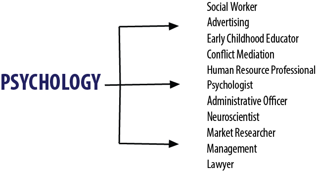 This chart shows multiple branching pathways leading from the study of psychology to a broad range of careers including social worker, advertising, early childhood educator, conflict mediation, human resource professional, psychologist, administrative officer, neuroscientist, market researcher, management, and lawyer.