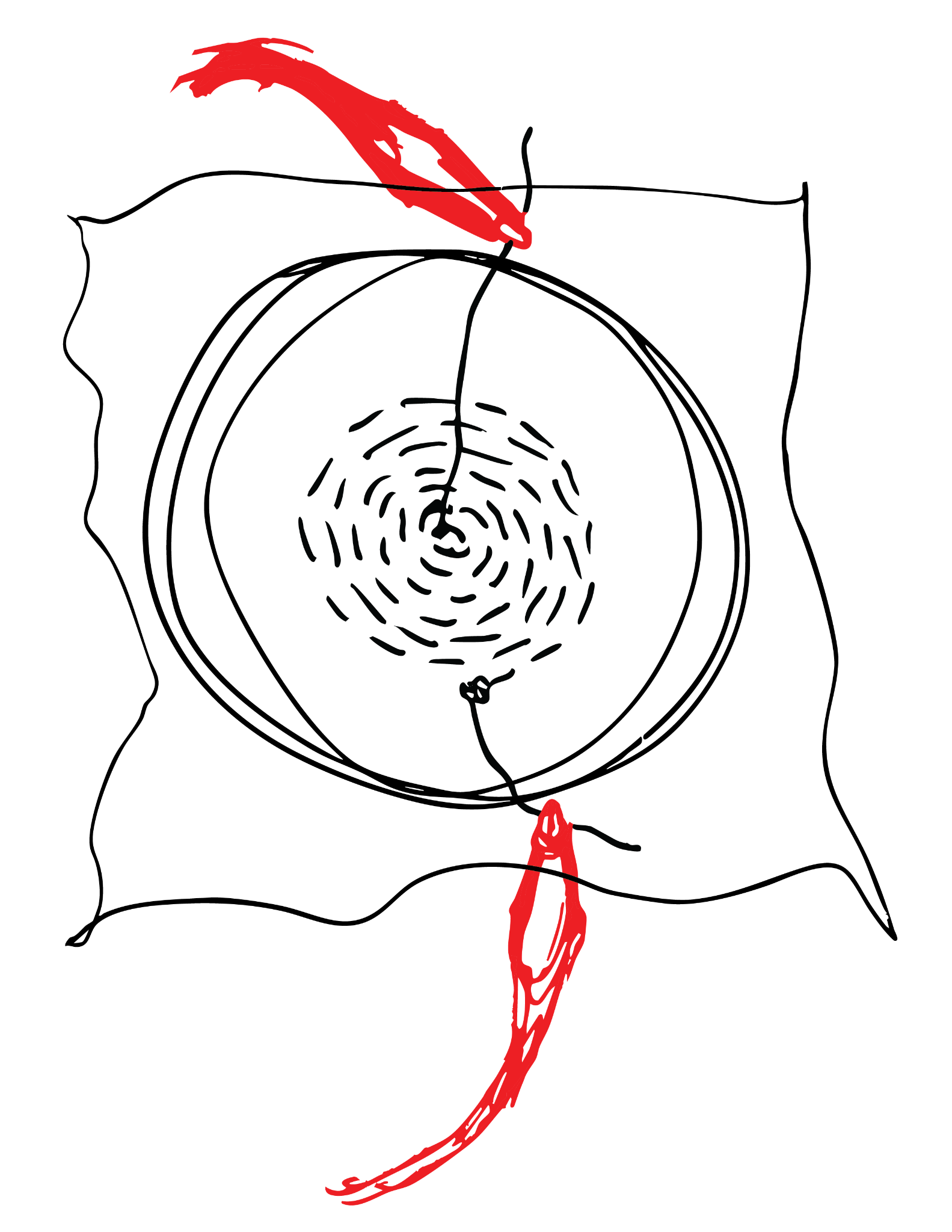 A black and white illustration of the same embroidery hoop, with alligator clips connected to the thread on each end. The alligator clips are red.