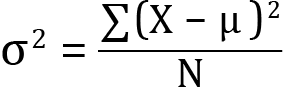 <mml:math xmlns:mml="http://www.w3.org/1998/Math/MathML" xmlns:m="http://schemas.openxmlformats.org/officeDocument/2006/math" display="block"><mml:msup><mml:mrow><mml:mi mathvariant="normal">σ</mml:mi></mml:mrow><mml:mrow><mml:mn>2</mml:mn></mml:mrow></mml:msup><mml:mo>=</mml:mo><mml:mi mathvariant="normal"> </mml:mi><mml:mfrac><mml:mrow><mml:mrow><mml:mo stretchy="false">∑</mml:mo><mml:mrow><mml:mo>(</mml:mo><mml:mi mathvariant="normal">X</mml:mi><mml:mo>-</mml:mo><mml:mi mathvariant="normal">μ</mml:mi><mml:msup><mml:mrow><mml:mo>)</mml:mo></mml:mrow><mml:mrow><mml:mn>2</mml:mn></mml:mrow></mml:msup></mml:mrow></mml:mrow></mml:mrow><mml:mrow><mml:mi mathvariant="normal">N</mml:mi></mml:mrow></mml:mfrac></mml:math>