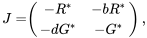 \begin{align*} J=&\left( \begin{array}{cc} -R^* & -bR^* \\ -dG^* & -G^* \end{array} \right), \end{align*}