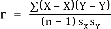 <mml:math xmlns:mml="http://www.w3.org/1998/Math/MathML" xmlns:m="http://schemas.openxmlformats.org/officeDocument/2006/math" display="block"><mml:mi mathvariant="normal">r</mml:mi><mml:mo>=</mml:mo><mml:mfrac><mml:mrow><mml:mrow><mml:mo stretchy="false">∑</mml:mo><mml:mrow><mml:mfenced separators="|"><mml:mrow><mml:mi mathvariant="normal">X</mml:mi><mml:mo>-</mml:mo><mml:mover accent="true"><mml:mrow><mml:mi mathvariant="normal">X</mml:mi></mml:mrow><mml:mo>-</mml:mo></mml:mover></mml:mrow></mml:mfenced></mml:mrow></mml:mrow><mml:mfenced separators="|"><mml:mrow><mml:mi mathvariant="normal">Y</mml:mi><mml:mo>-</mml:mo><mml:mover accent="true"><mml:mrow><mml:mi mathvariant="normal">Y</mml:mi></mml:mrow><mml:mo>-</mml:mo></mml:mover></mml:mrow></mml:mfenced></mml:mrow><mml:mrow><mml:mfenced separators="|"><mml:mrow><mml:mi mathvariant="normal">n</mml:mi><mml:mo>-</mml:mo><mml:mn>1</mml:mn></mml:mrow></mml:mfenced><mml:msub><mml:mrow><mml:mi mathvariant="normal">s</mml:mi></mml:mrow><mml:mrow><mml:mi mathvariant="normal">X</mml:mi></mml:mrow></mml:msub><mml:msub><mml:mrow><mml:mi mathvariant="normal">s</mml:mi></mml:mrow><mml:mrow><mml:mi mathvariant="normal">Y</mml:mi></mml:mrow></mml:msub></mml:mrow></mml:mfrac></mml:math>