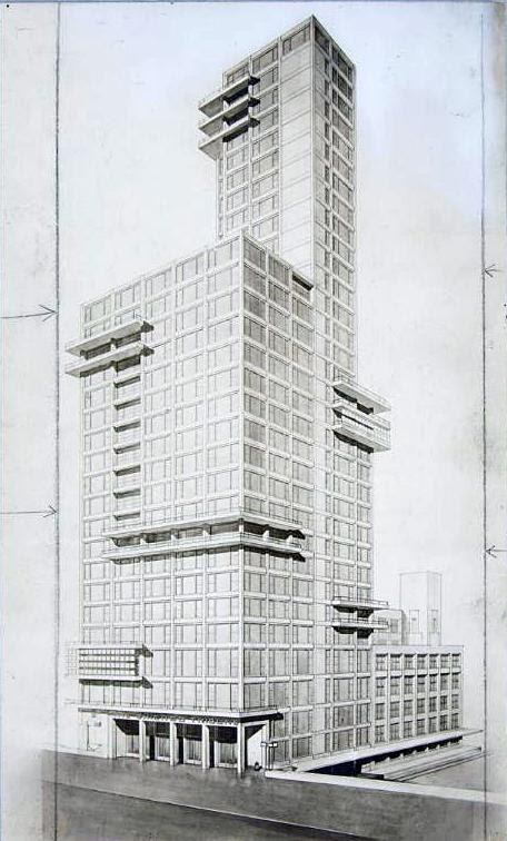 Walter Gropius and Adolf Meyer, competition entry for the Chicago Tribune Tower, 1922, perspective drawing, 22.5 x 13.3cm, gelatin silver print sheet (Harvard Art Museums)