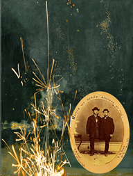 Civil War veterans Frank M. Howe and Velorus W. Bruce whom have each had a leg amputated support each other to stand.