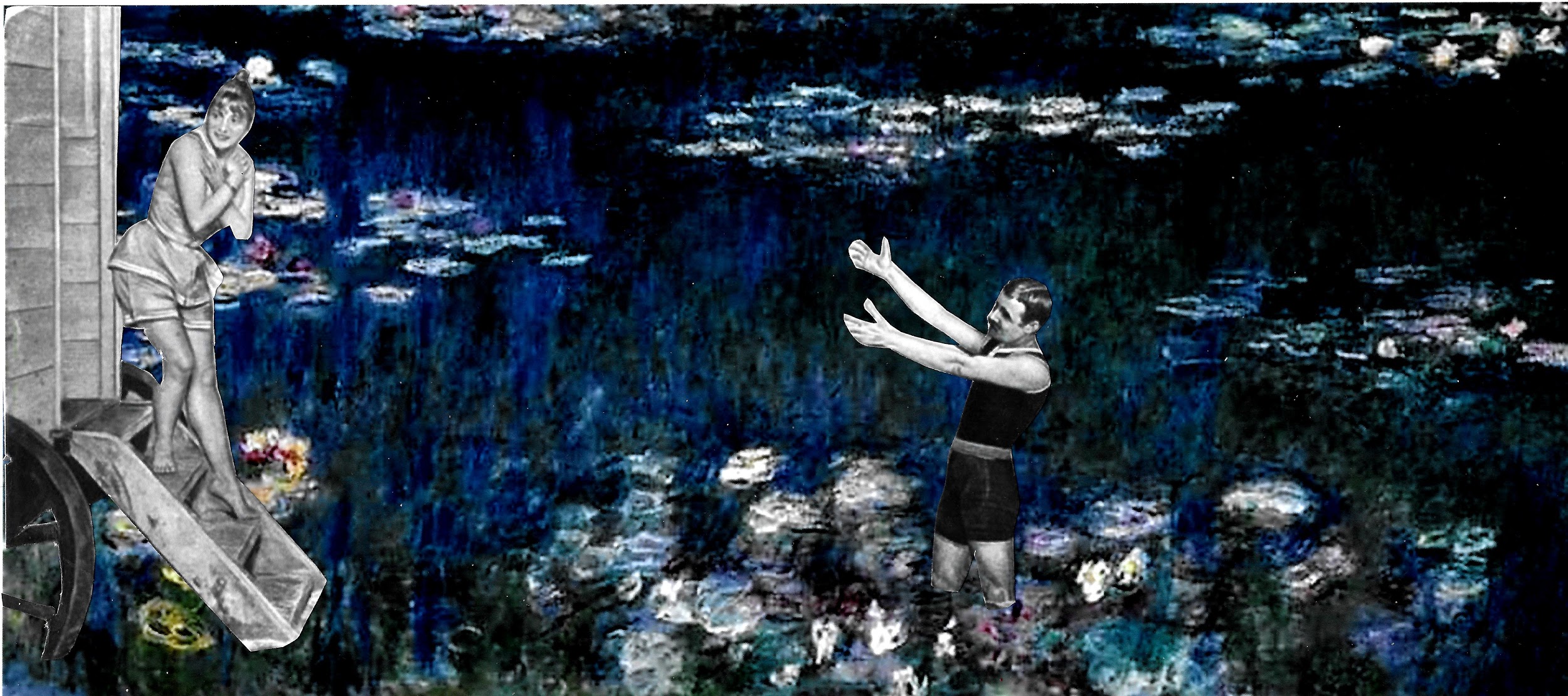 Man standing waste deep in a pond of water lilies coaxes a woman in nineteen century bathing costume off her bather machine.