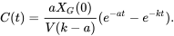 \begin{equation} C(t)=\frac{aX_G(0)}{V(k-a)}(e^{-at}-e^{-kt}). \end{equation}
