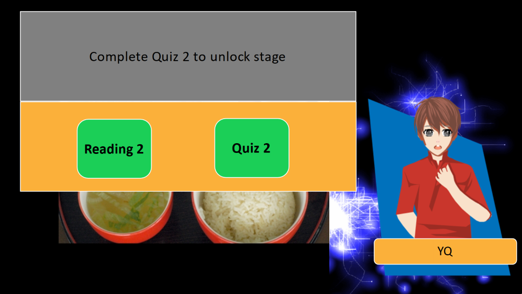 Game interface of a male student avatar making a choice between a reading and a quiz. There are two green buttons that offer this selection.