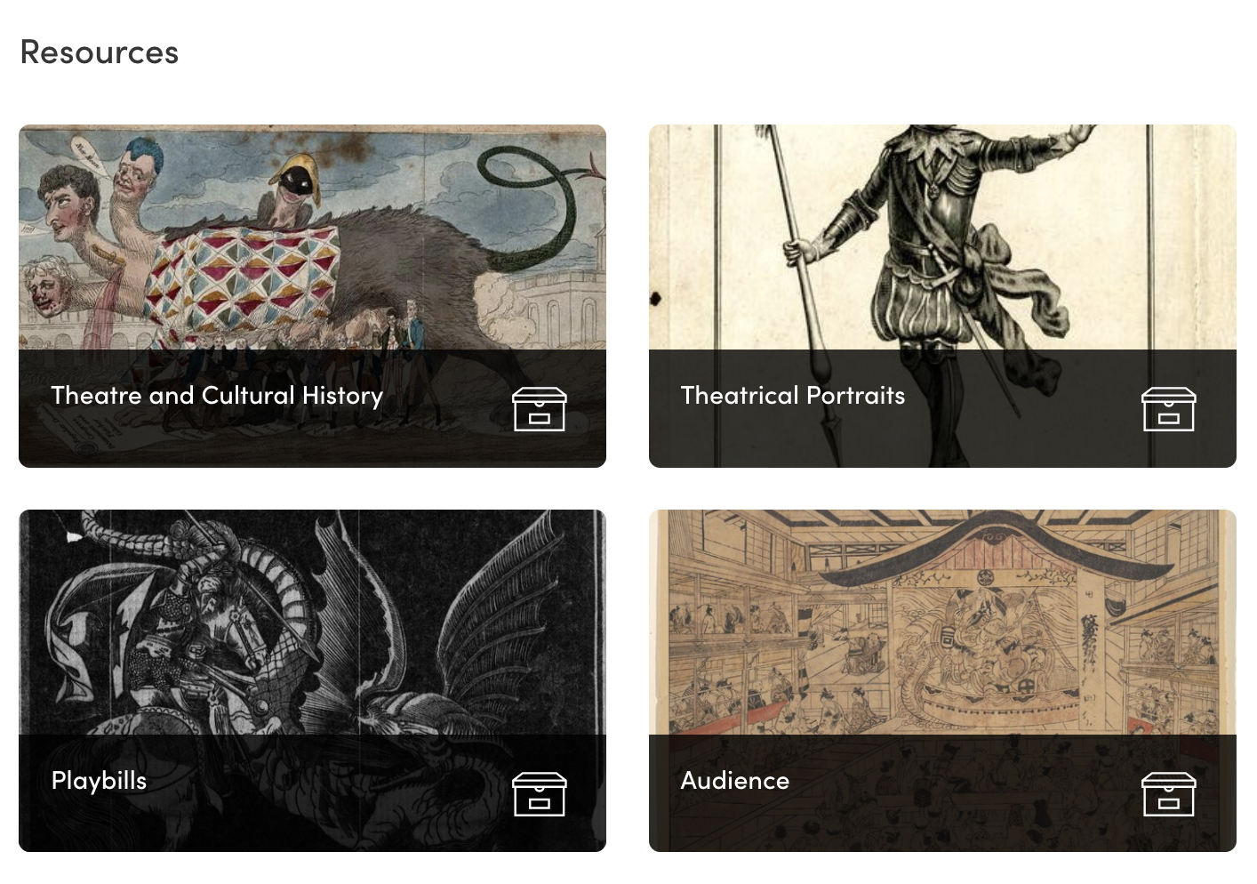 Screenshot of a Manifold page showing a grid layout of resource collections organized according to subject matters related to theatre histories, including theatre and cultural history, theatrical portraits,playbills, and audience.